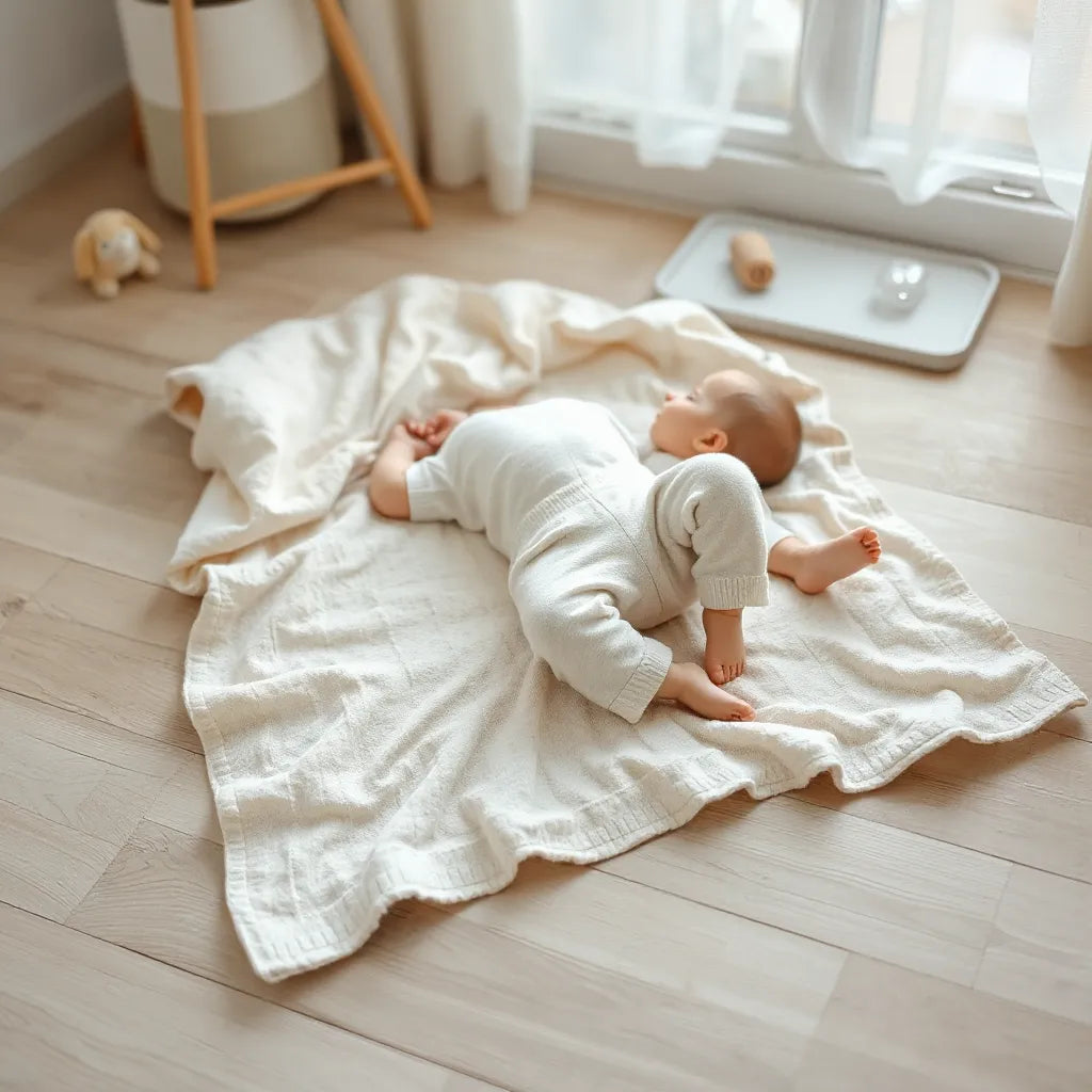 Mjuk babyfilt i ljummet rum med vikta bekväma babybyxor bredvid ett sovande barn