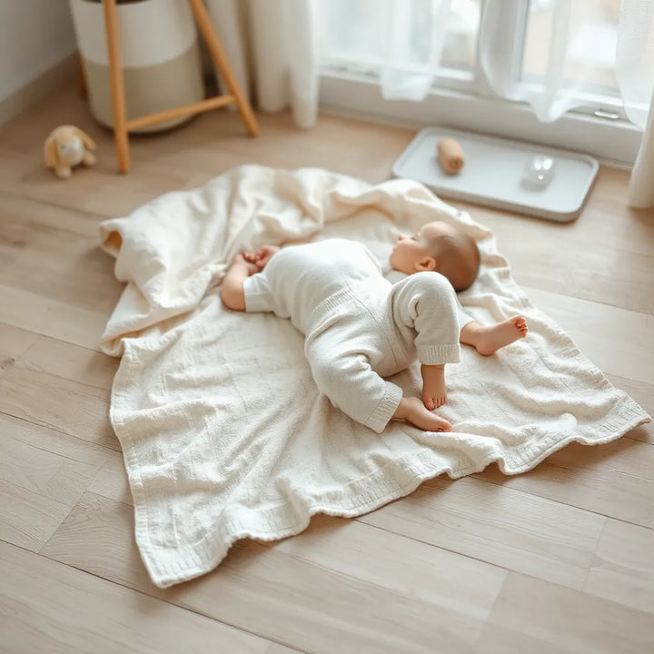Mjuk babyfilt i ljummet rum med vikta bekväma babybyxor bredvid ett sovande barn